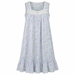 Eileen West Blue Floral Cotton Sleeveless Long Ballet Nightgown Lace Trim Size L